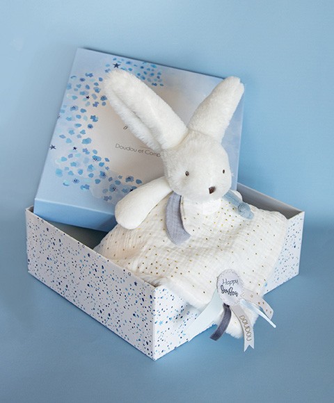 doudou carré lapin écru et gris avec étiquette à manipuler