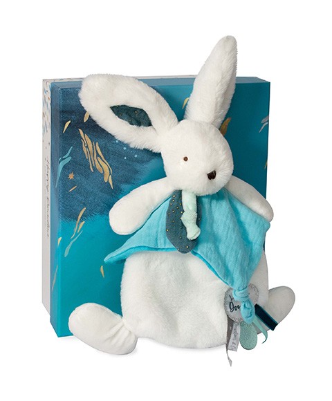 doudou  lapin blanc plat bleu turquoise