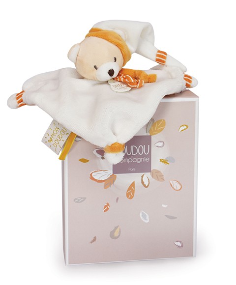 mini doudou ours écru avec touches de jeune moutarde