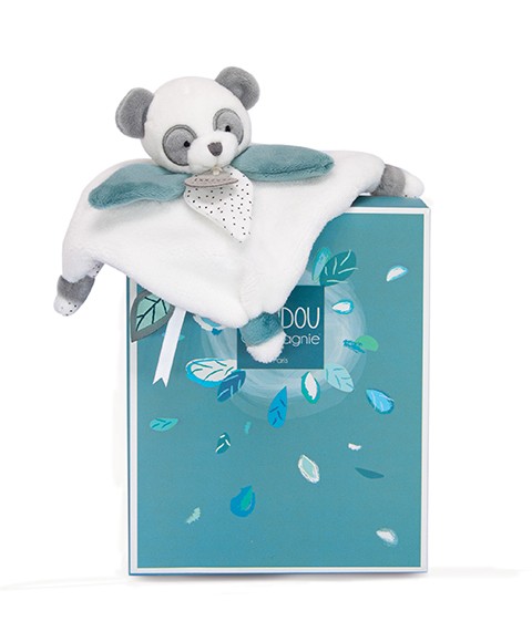 mini doudou panda écru avec touches de gris et vert