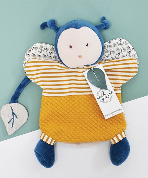 doudou marionnette abeille Pollen en coton bio jaune et bleu