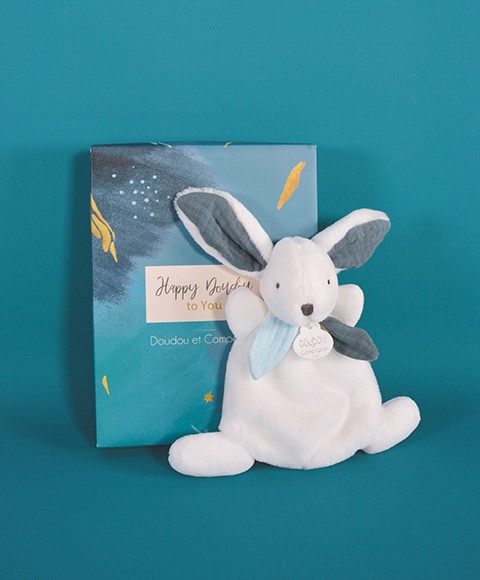 mini doudou plat lapin écru et bleu