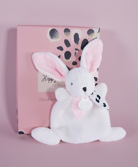 mini doudou lapin plat écru- et rose pastel