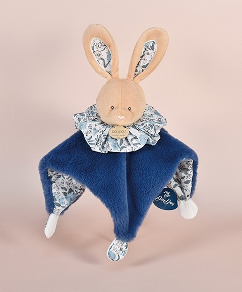 doudou lapin marron se transformant en boule bleu marine