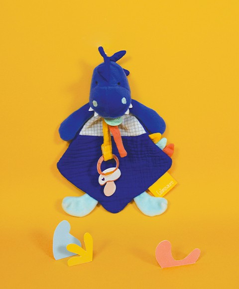 doudou attache tétine dinosaure bleu roi