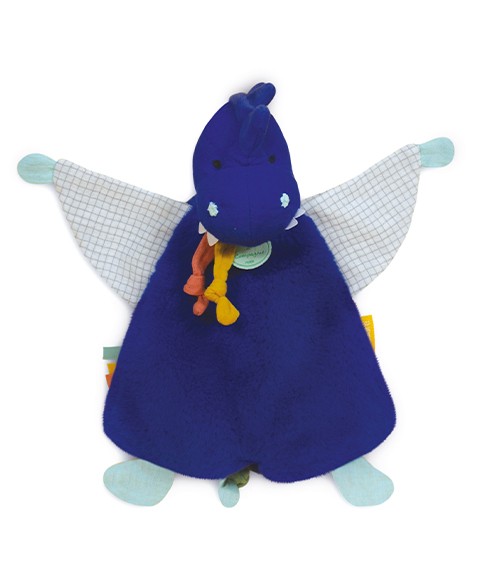 doudou dinosaure bleu roi avec colerette jaune et orange à manipuler