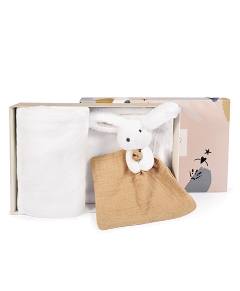 coffret cadeau plaid bébé et doudou lapin marron et blanc