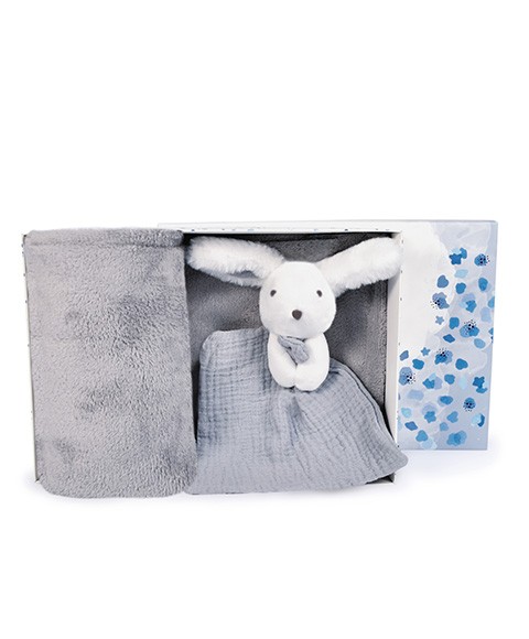 coffret cadeau plaid gris et doudou lapin blanc et gris