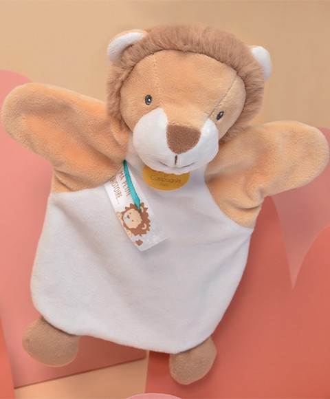 doudou marionnette lion marron, blanche et beige