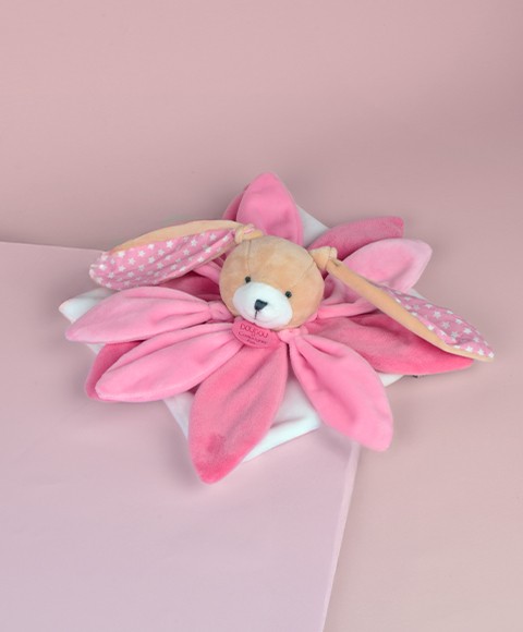 doudou lapin  grandes oreilles marron avec pétales roses