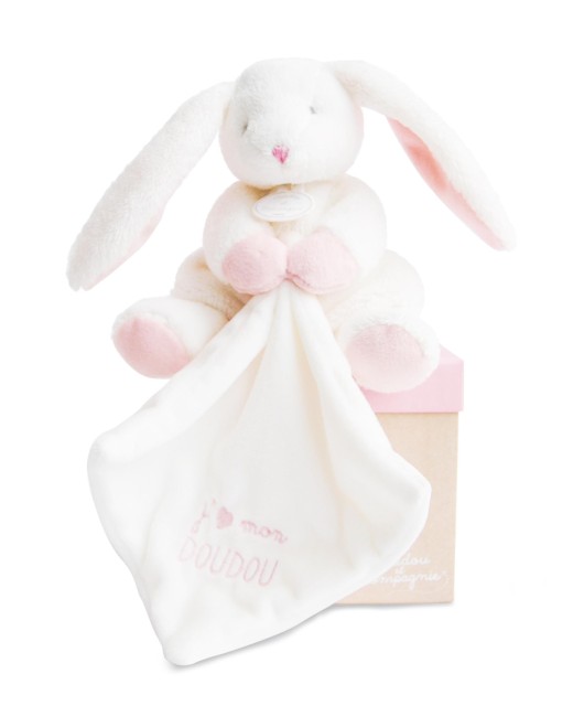 Pantin avec doudou lapin rose - J'aime mon doudou - 20 cm