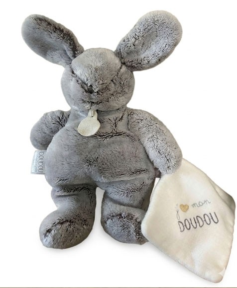 Peluche lapin gris  avec mouchoir 35 cm