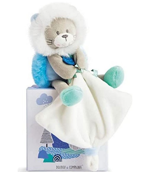 Peluche lion bleu avec doudou mouchoir - 20 cm