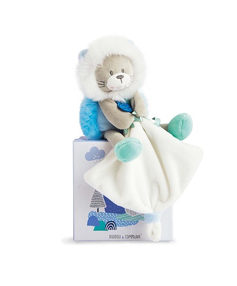 Peluche lion bleu avec doudou mouchoir - 20 cm