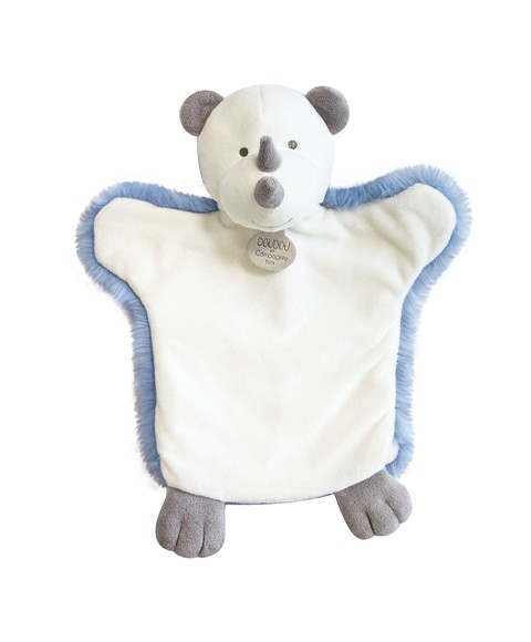 doudou marionnette rhinocéros bleu et blanc