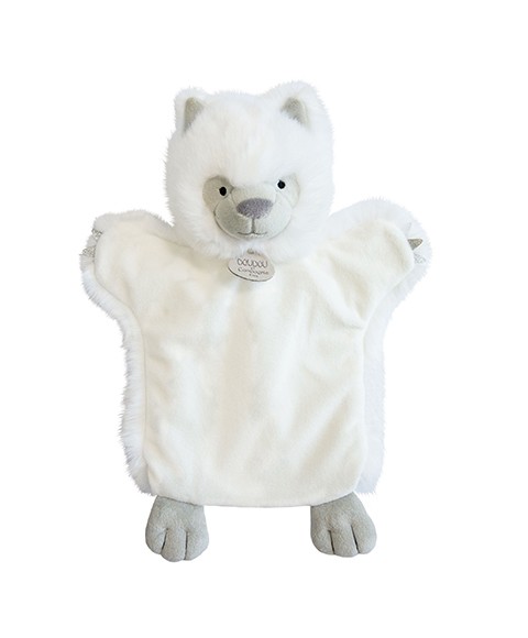 Doudou marionnette loup blanc en peluche