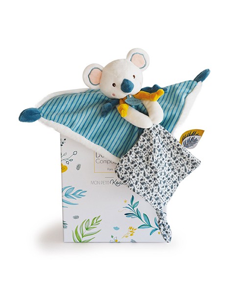 doudou plat à rayures koala bleu canard avec col nouettes jaunes