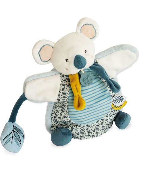 doudou marionnette koala yoca bleu canard et jaune moutarde avec sujet fauille accroché à la patte