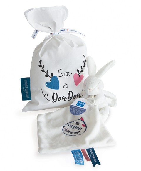 sac à doudou en coton blanc + peluche lapin 10 cm