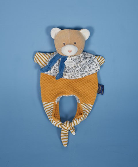 doudou marionnette ours réversible qui se transforme en sac jaune moutarde