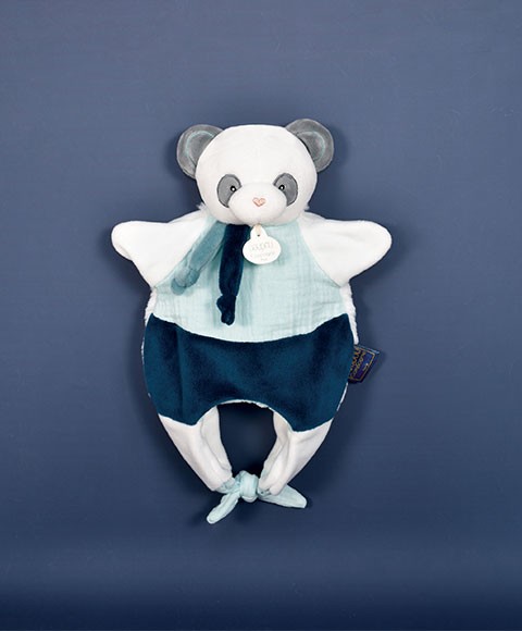 doudou marionnette panda gris et blanc qui se transforme en sac vert amande