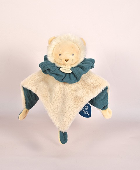 doudou lion marron se transformant en boule vert kaki