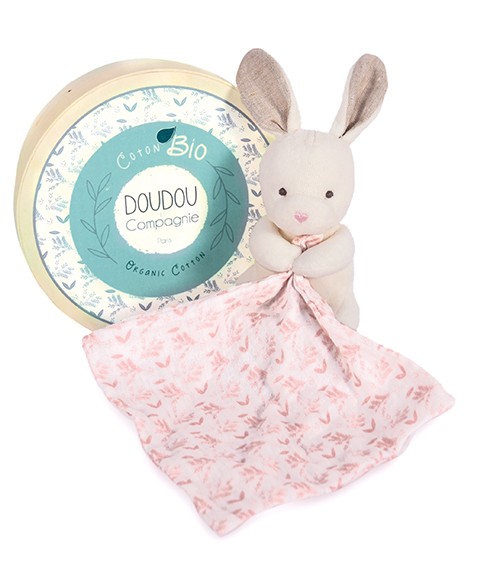 doudou lapin mouchoir rose et beige assis en coton bio