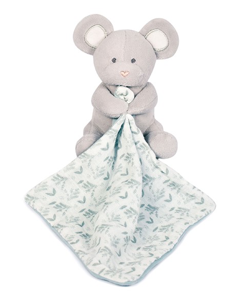 Doudou mouchoir Souris grise avec mouchoir motif végétal en coton BIO