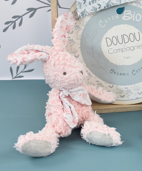 peluche lapin rose en coton bio avec imprimé végétal