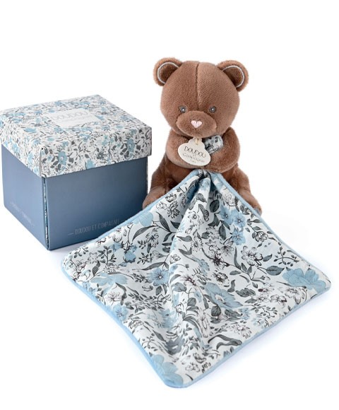 Doudou avec mouchoir ours marron et bleu -boh'aime - Doudou et compagnie - DC4019