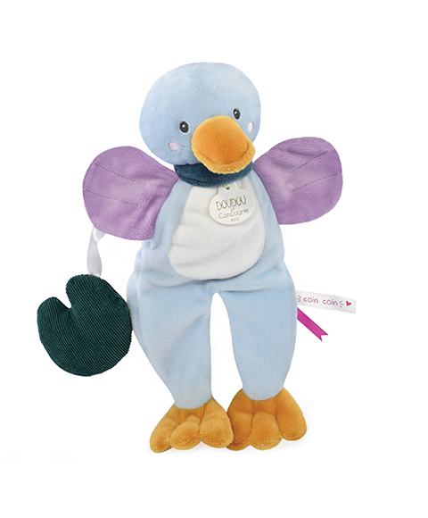 peluche canard bleu et violet bec orange