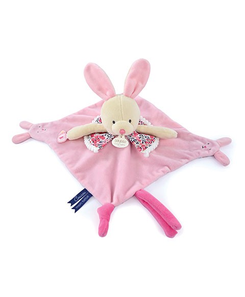 Doudou plat lapin rose avec marionnette à doigt - 30 cm
