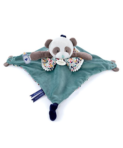 Doudou plat panda vert avec marionnette à doigt - 30 cm