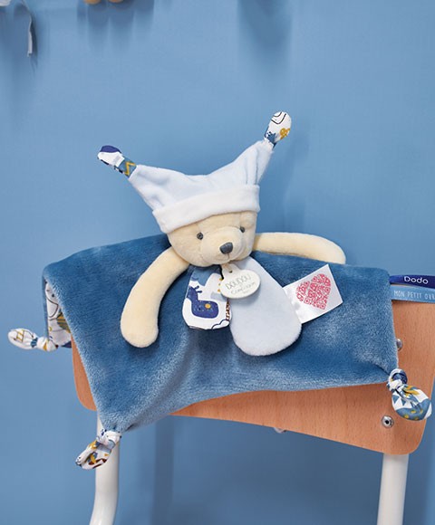 Doudou plat Ours bleu 3 histoires avec QR code à flasher