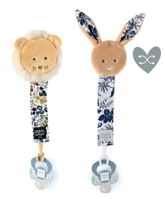 Attache tétine lion ou lapin  Boh'aime - jaune ou bleu - 18 cm