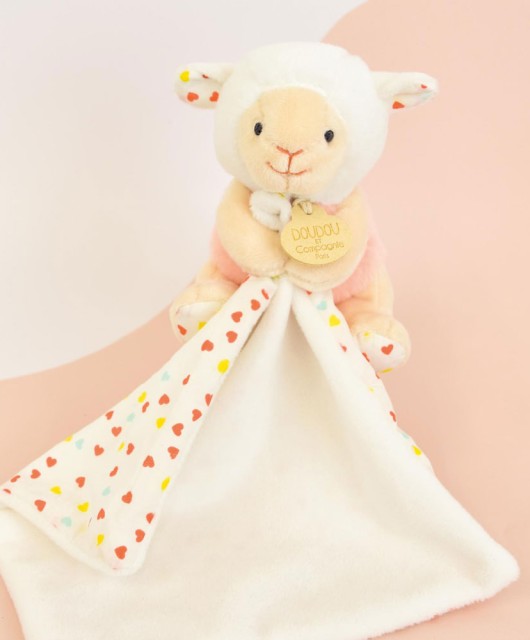 Doudou mouchoir mouton blanc et orange - 11 cm