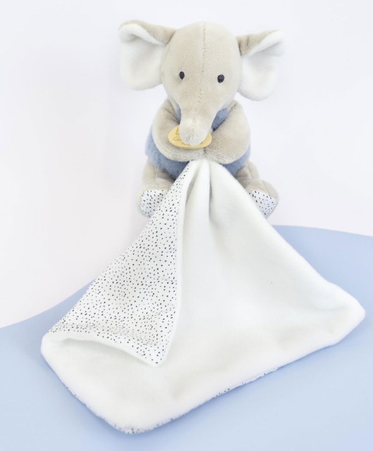 Doudou mouchoir elephant bleu et gris - 11 cm