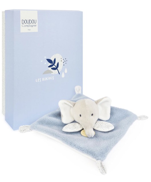 Mini Doudou elephant plat gris et bleu - 19 cm