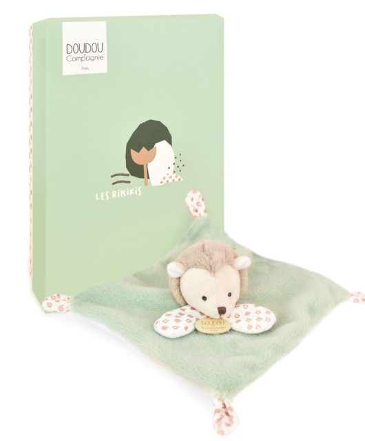 mini doudou plat hérisson vert et marron
