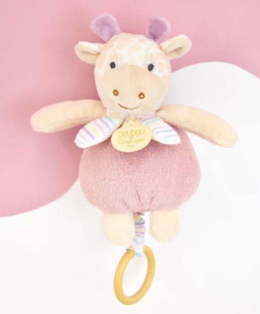 Boite a musique bebe a tirer - Girafe rose - 20 cm