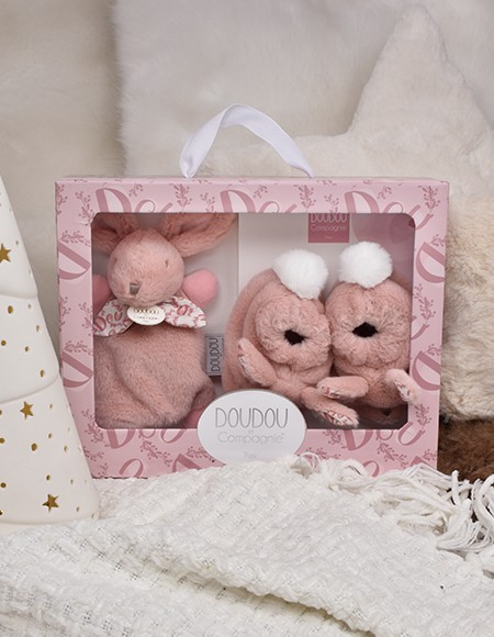 Coffret lapin doudou chaussons rose