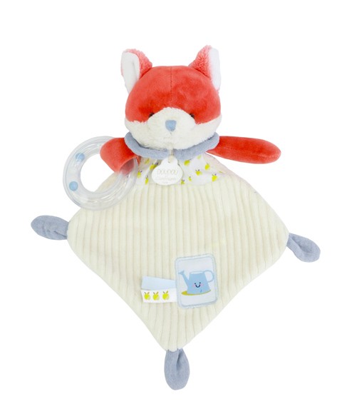 Doudou plat hochet billes -  Renard 21 cm