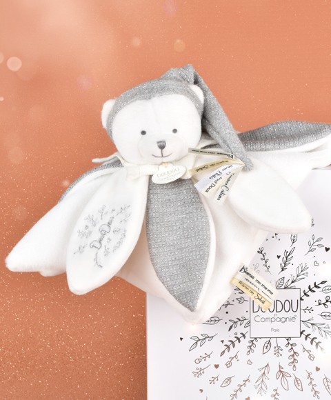 Doudou plat pétales Ours blanc et Gris - 25 cm