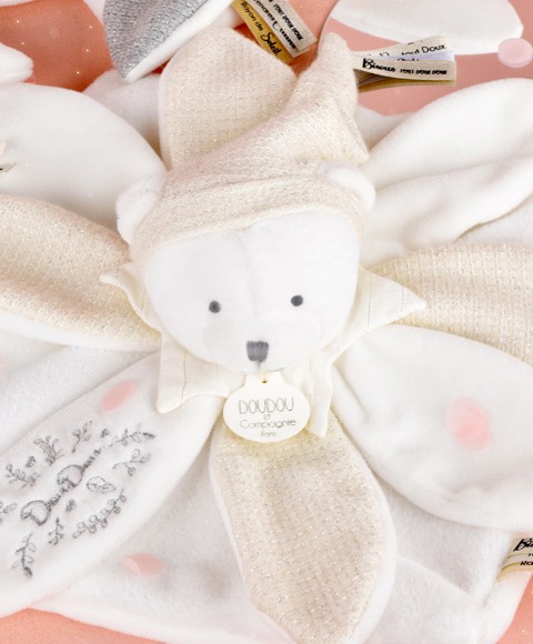 Doudou plat pétales Ours Blanc - 25 cm -