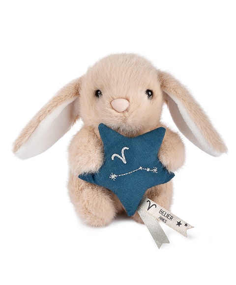 Peluche lapin Doudou Astro Bélier beige tenant une étoile bleue brodée de la constellation, avec étiquette du signe, sur fond blanc.