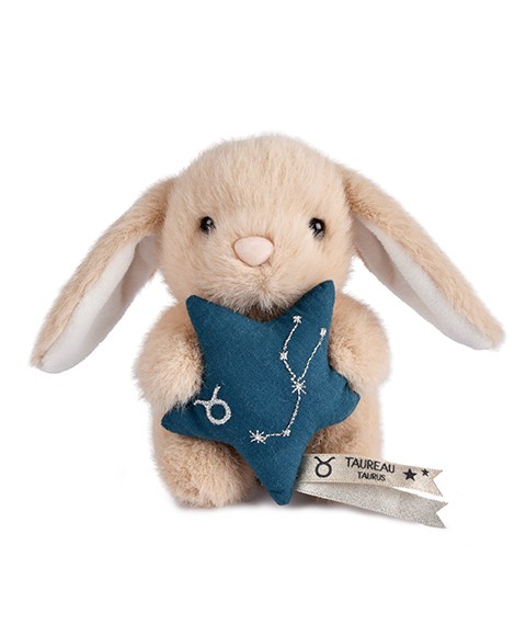 Peluche lapin Doudou Astro Taureau beige tenant une étoile bleue brodée de la constellation, avec étiquette du signe.