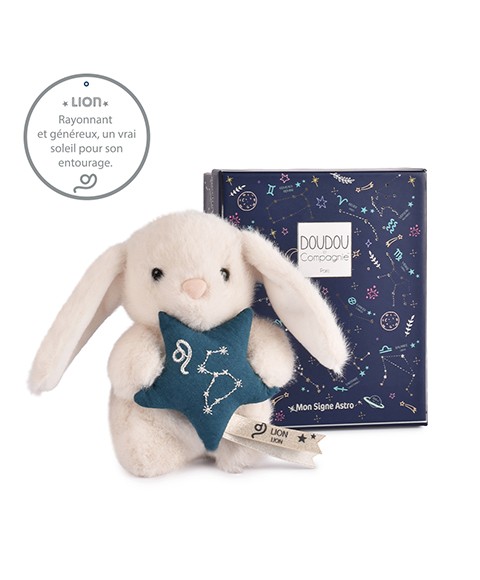 Peluche lapin Doudou Astro Lion blanc tenant une étoile bleue brodée de la constellation, avec étiquette du signe