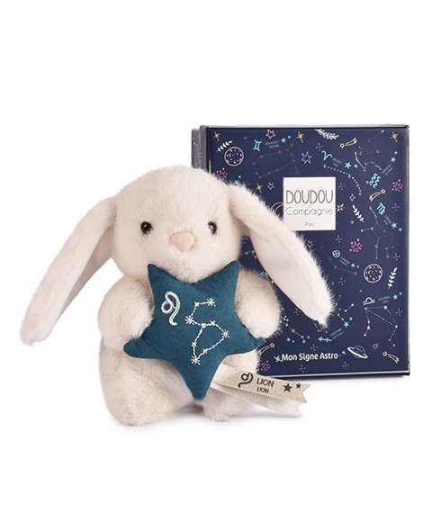 Peluche lapin Doudou Astro Lion blanc tenant une étoile bleue brodée de la constellation, avec étiquette du signe