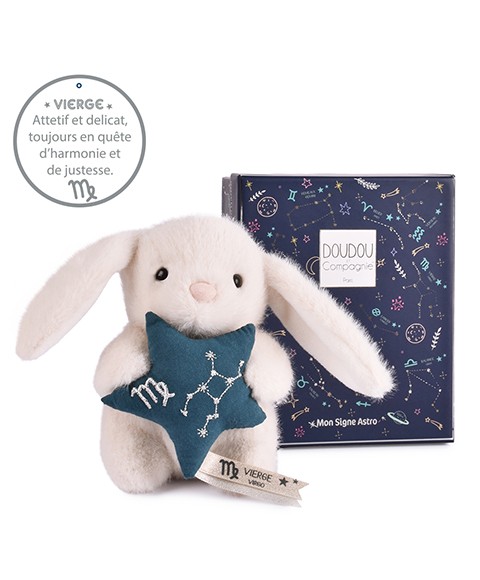 Peluche lapin Doudou Astro Vierge blanc tenant une étoile bleue brodée de la constellation, avec étiquette du signe, sur fond blanc.