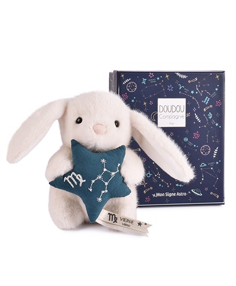 Peluche lapin Doudou Astro Vierge blanc tenant une étoile bleue brodée de la constellation, avec étiquette du signe, sur fond blanc.